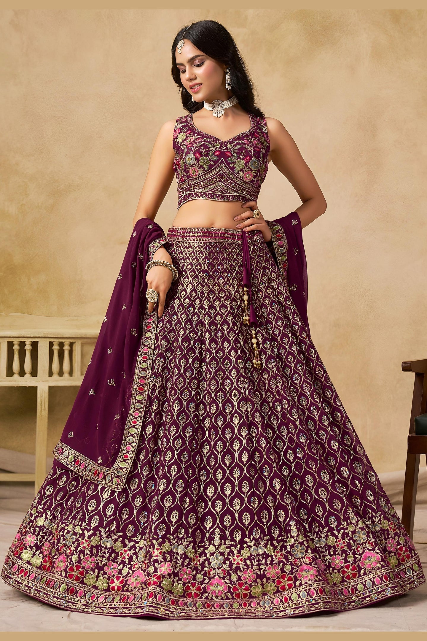 Maroon Georgette Lehenga Choli For Indian & Pakistani Wedding Festival - Sequins & Thread Embroidery Work