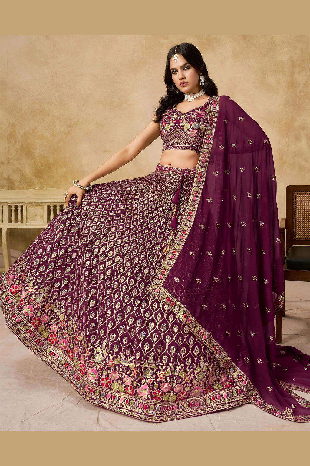 Maroon Georgette Lehenga Choli For Indian & Pakistani Wedding Festival - Sequins & Thread Embroidery Work