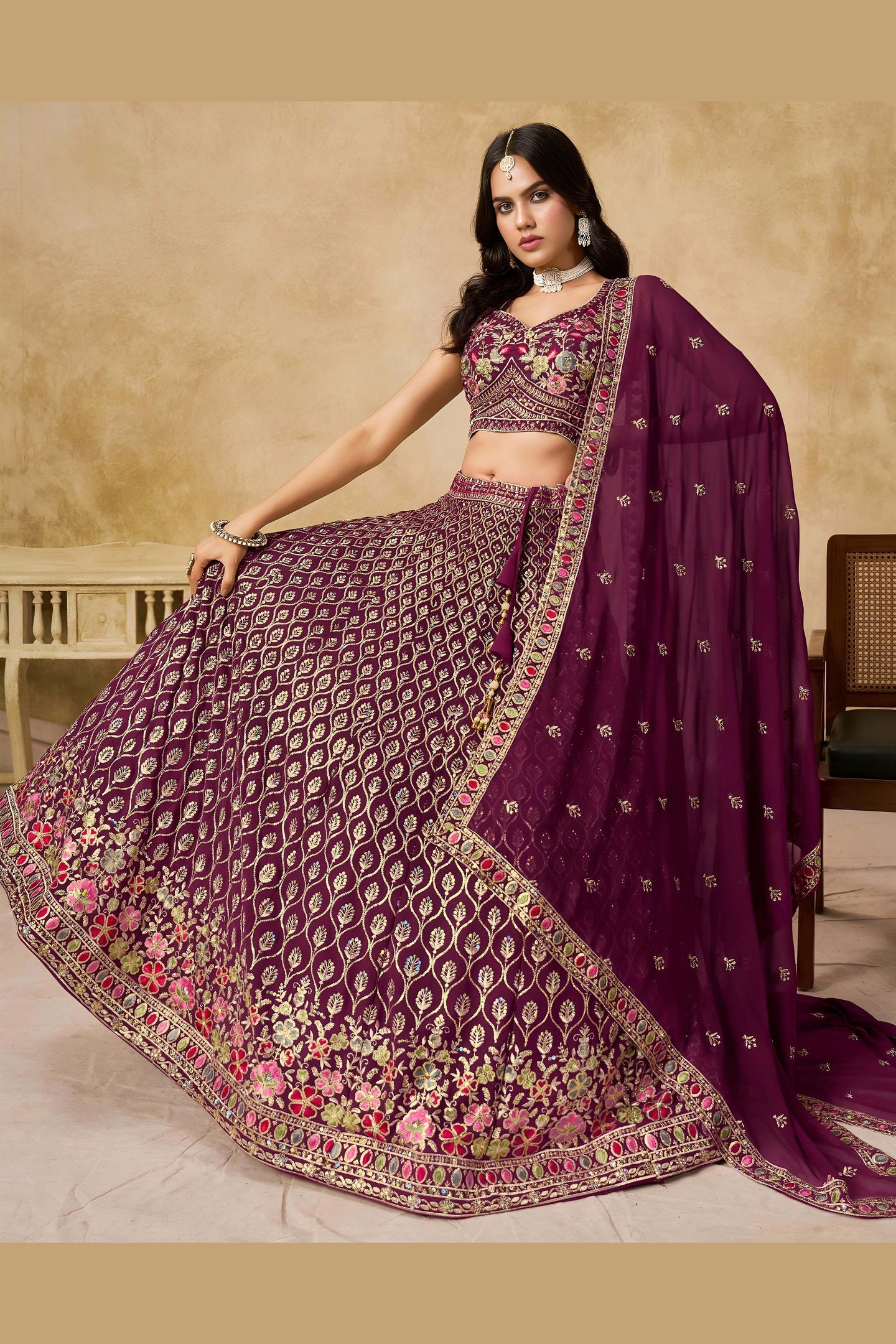 Maroon Georgette Lehenga Choli For Indian & Pakistani Wedding Festival - Sequins & Thread Embroidery Work