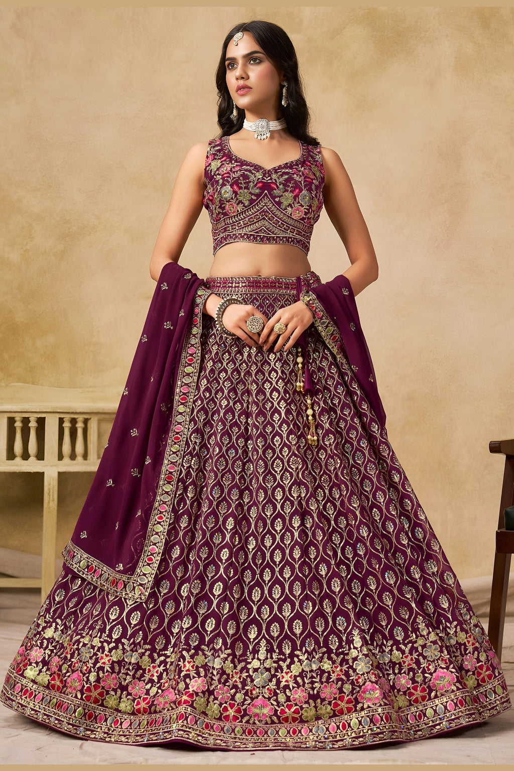 Maroon Georgette Lehenga Choli For Indian & Pakistani Wedding Festival - Sequins & Thread Embroidery Work