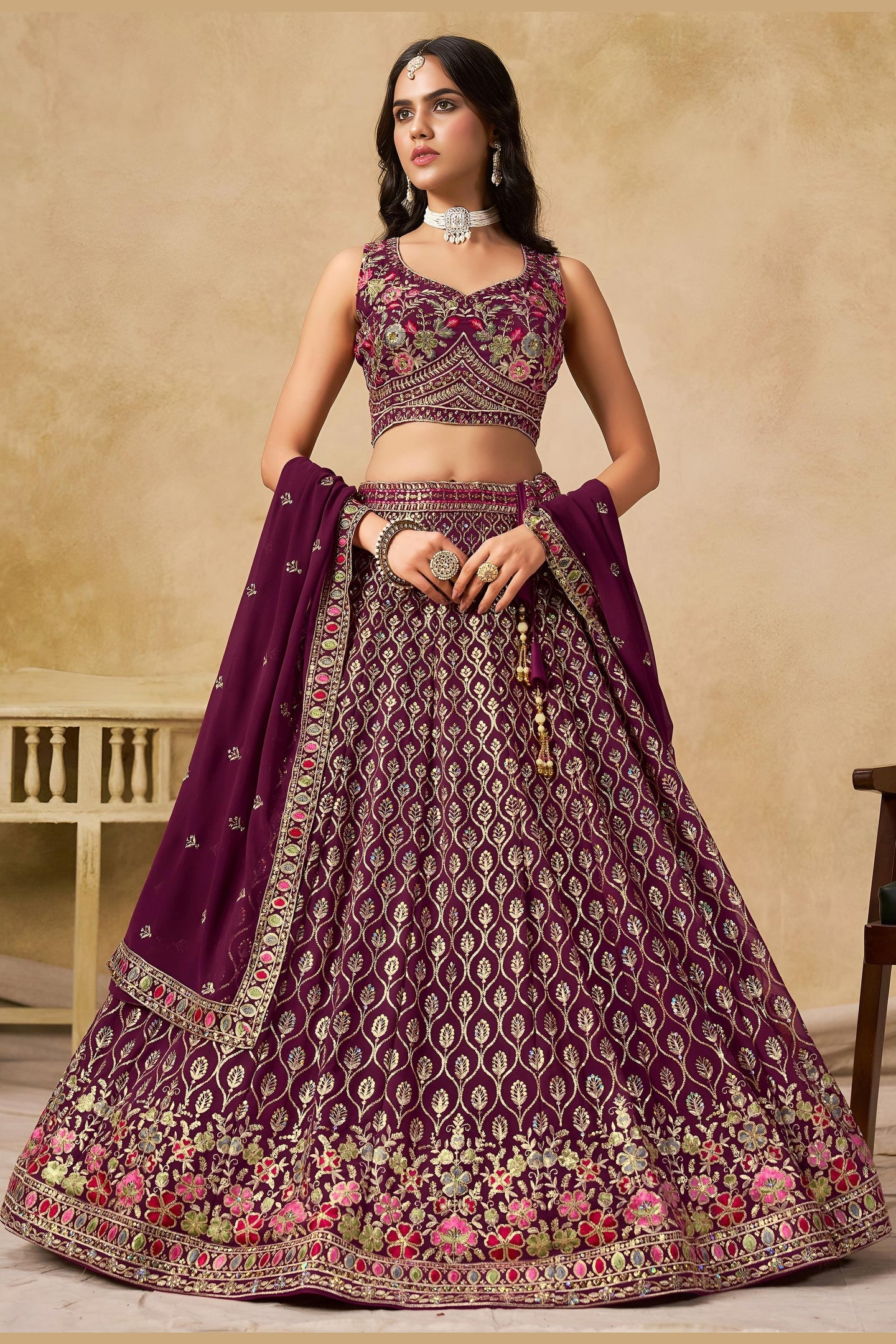 Maroon Georgette Lehenga Choli For Indian & Pakistani Wedding Festival - Sequins & Thread Embroidery Work