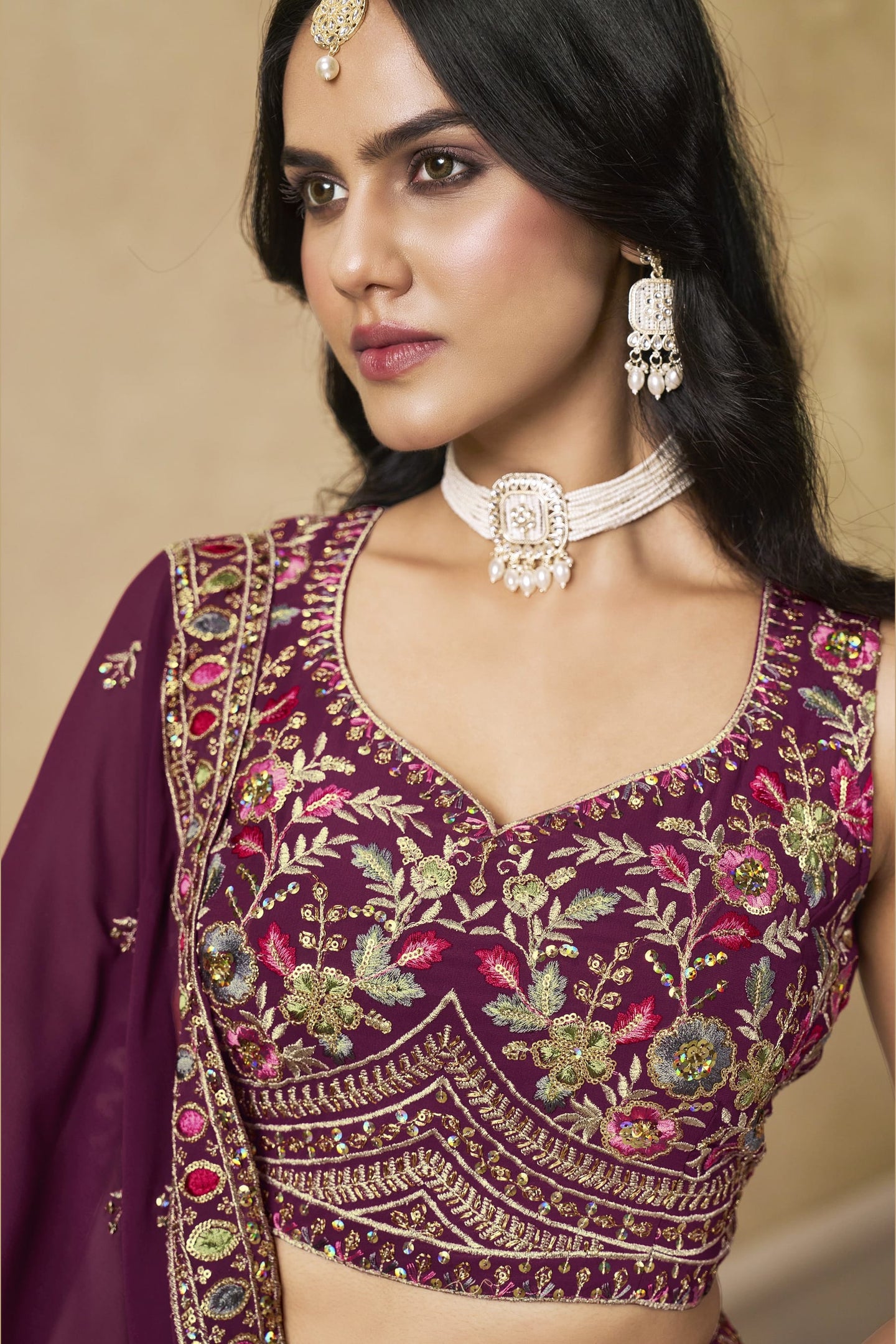 Maroon Georgette Lehenga Choli For Indian & Pakistani Wedding Festival - Sequins & Thread Embroidery Work