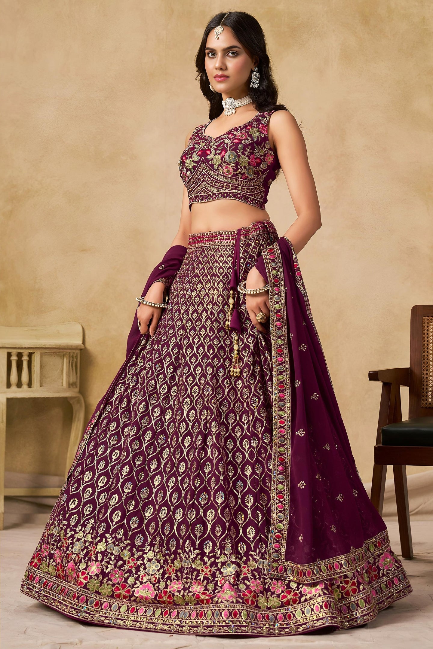 Maroon Georgette Lehenga Choli For Indian & Pakistani Wedding Festival - Sequins & Thread Embroidery Work