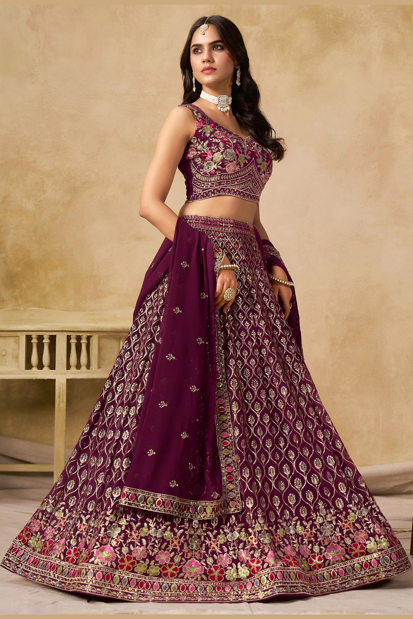 Maroon Georgette Lehenga Choli For Indian & Pakistani Wedding Festival - Sequins & Thread Embroidery Work
