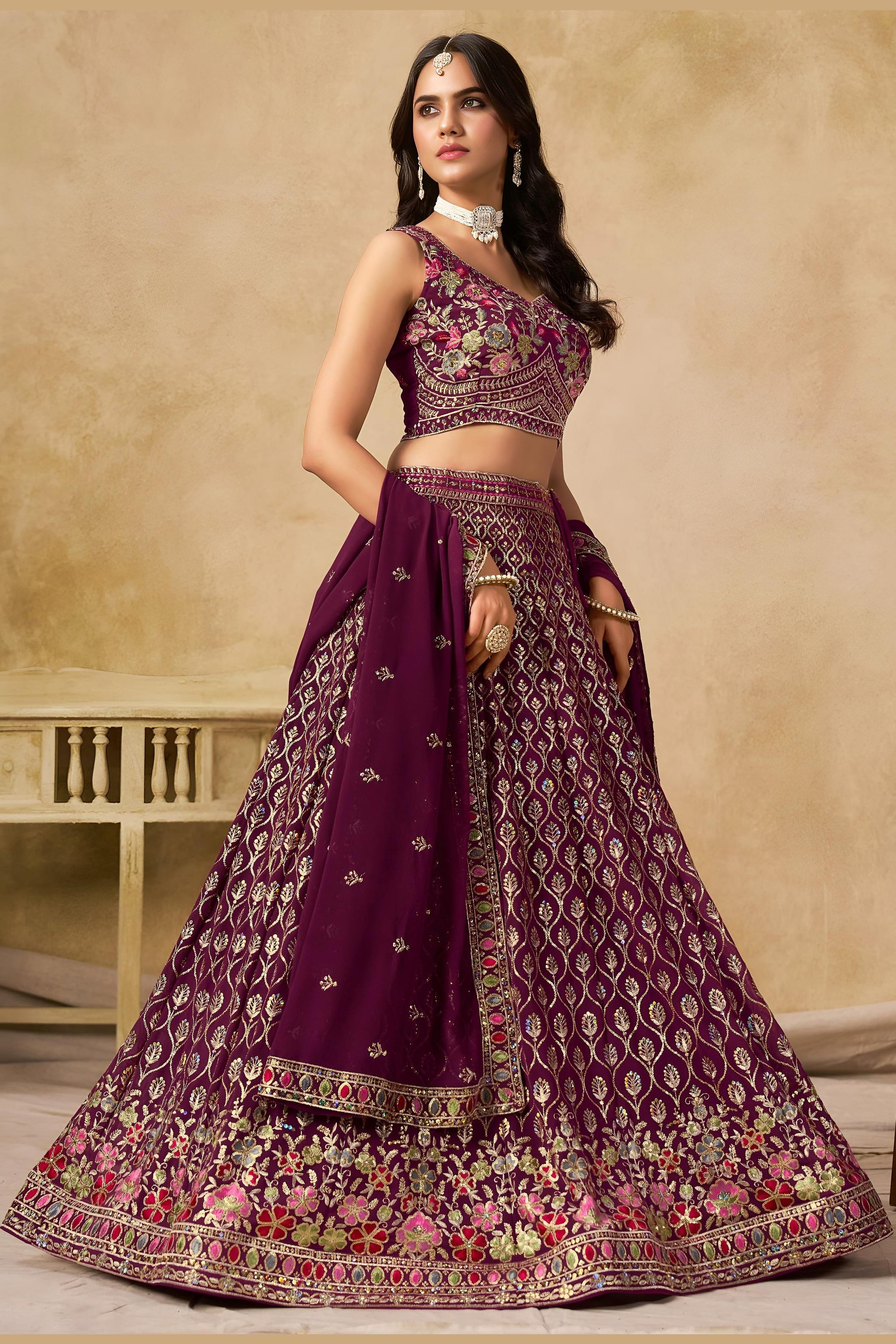 Maroon Georgette Lehenga Choli For Indian & Pakistani Wedding Festival - Sequins & Thread Embroidery Work