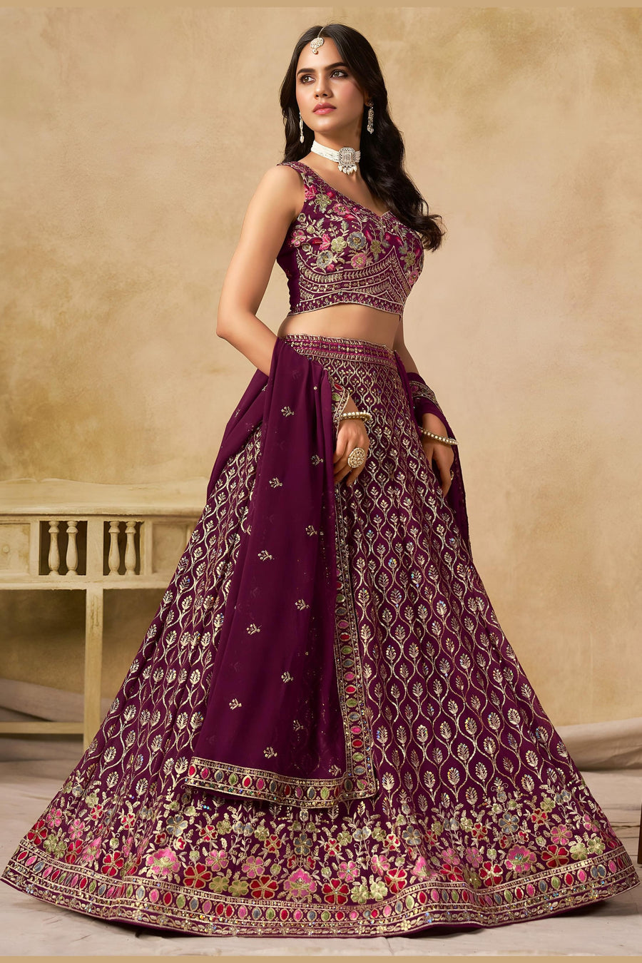 Maroon Georgette Lehenga Choli For Indian & Pakistani Wedding Festival - Sequins & Thread Embroidery Work