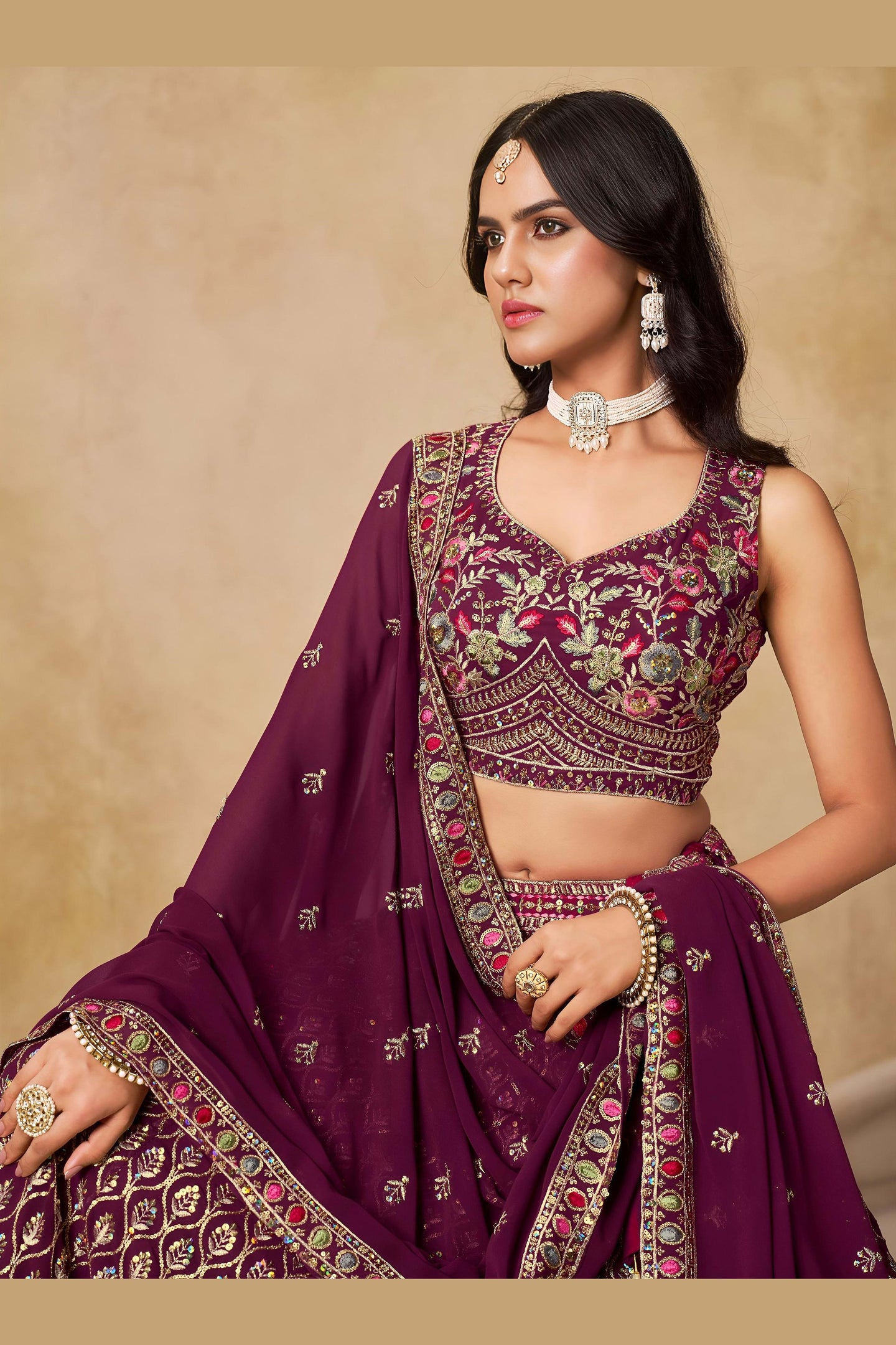 Maroon Georgette Lehenga Choli For Indian & Pakistani Wedding Festival - Sequins & Thread Embroidery Work