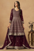 Maroon Georgette Plazo Suit For Indian & Pakistani Wedding Festival - Thread & Sequins Embroidery Work