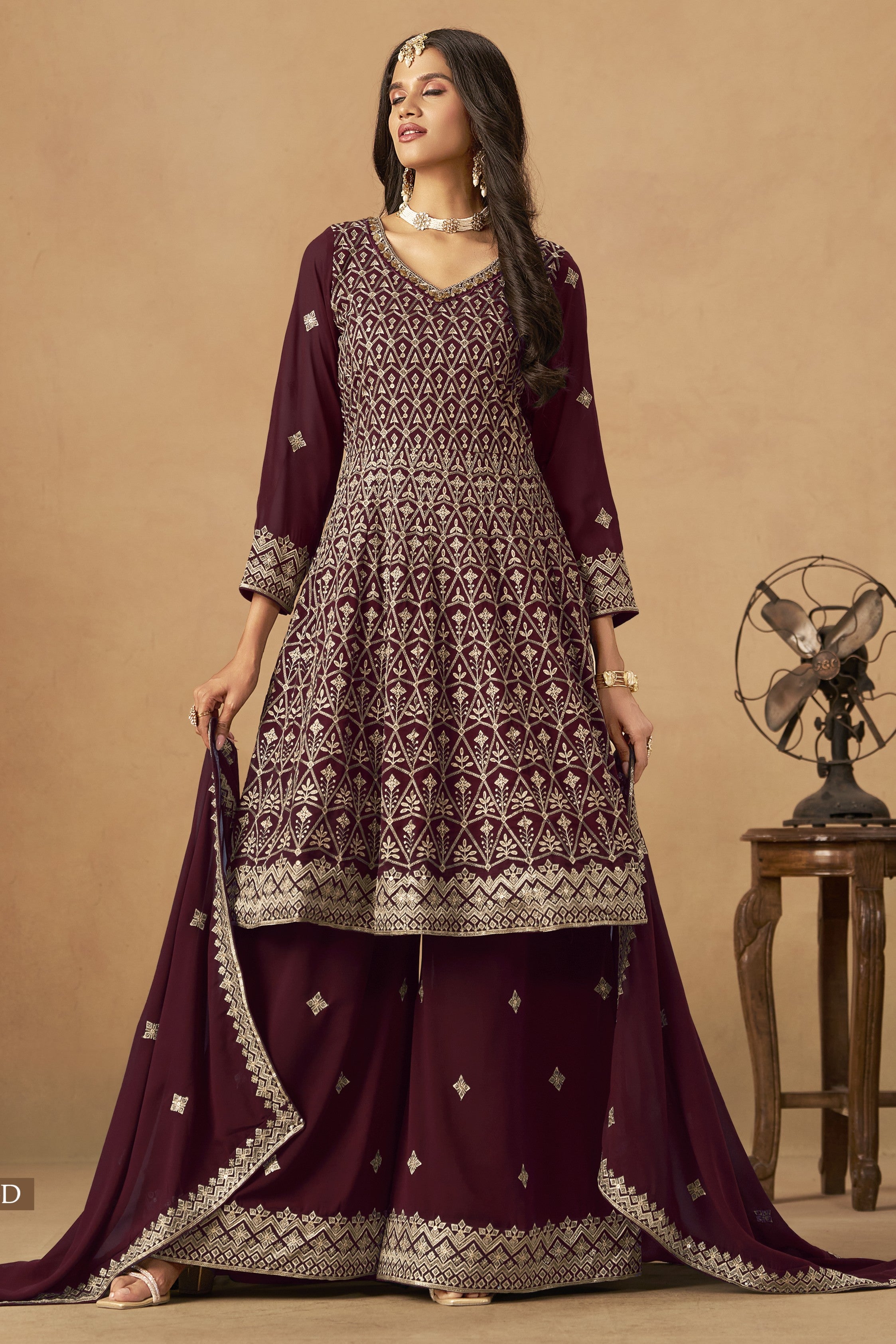 Maroon Georgette Plazo Suit For Indian & Pakistani Wedding Festival - Thread & Sequins Embroidery Work