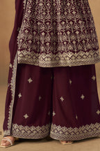 Maroon Georgette Plazo Suit For Indian & Pakistani Wedding Festival - Thread & Sequins Embroidery Work