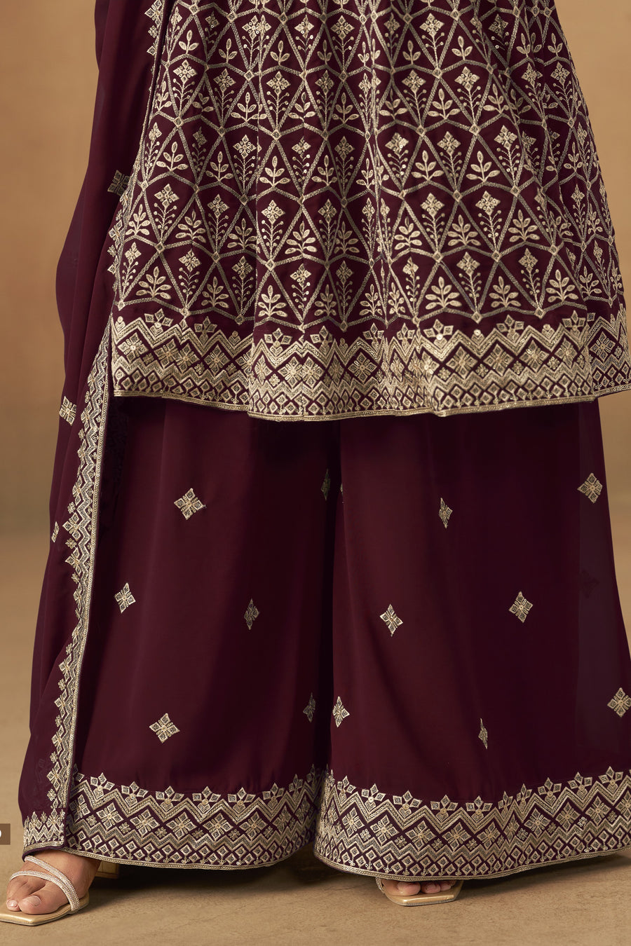 Maroon Georgette Plazo Suit For Indian & Pakistani Wedding Festival - Thread & Sequins Embroidery Work