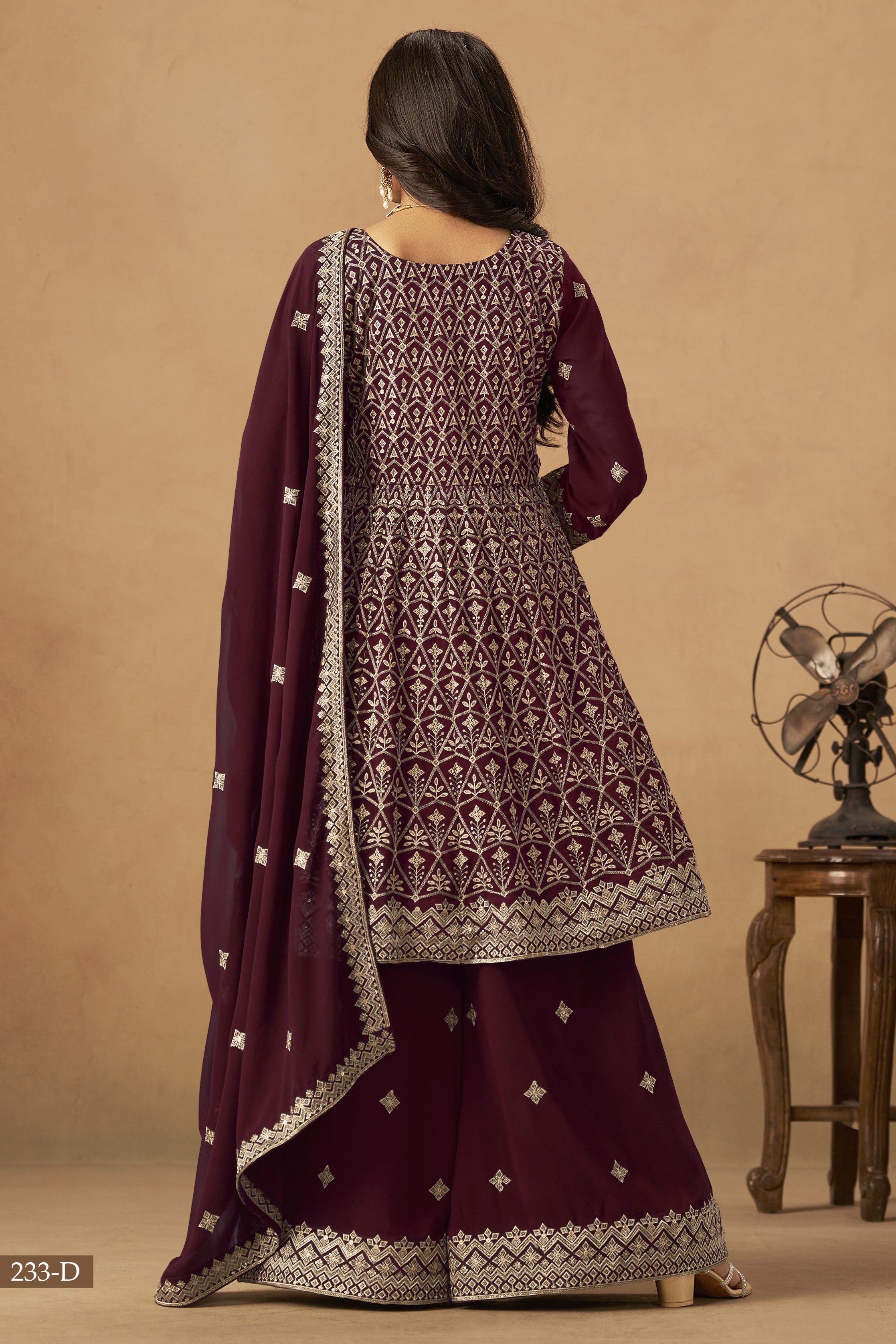 Maroon Georgette Plazo Suit For Indian & Pakistani Wedding Festival - Thread & Sequins Embroidery Work