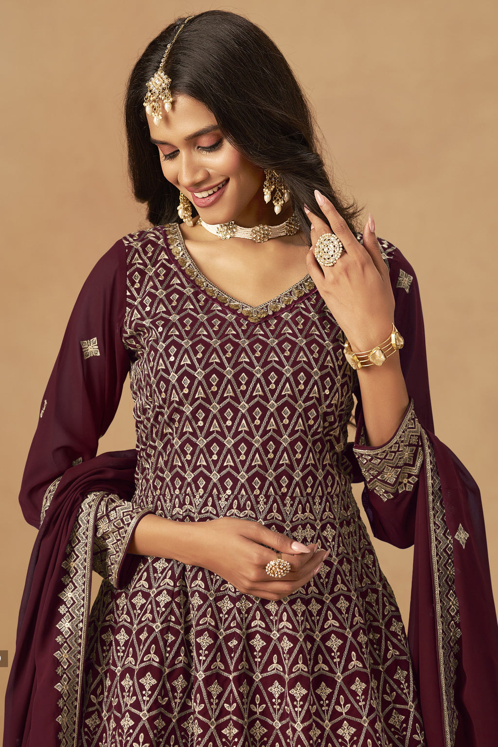 Maroon Georgette Plazo Suit For Indian & Pakistani Wedding Festival - Thread & Sequins Embroidery Work