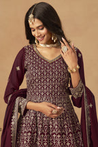 Maroon Georgette Plazo Suit For Indian & Pakistani Wedding Festival - Thread & Sequins Embroidery Work