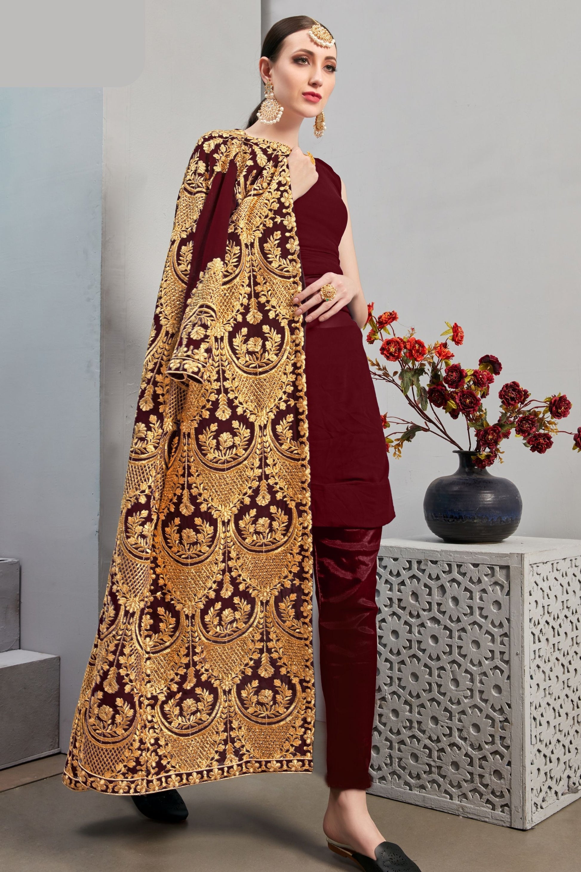 Maroon Pakistani Georgette Salwar Kameez For Indian Festivals & Weddings - Thread Embroidery Work,