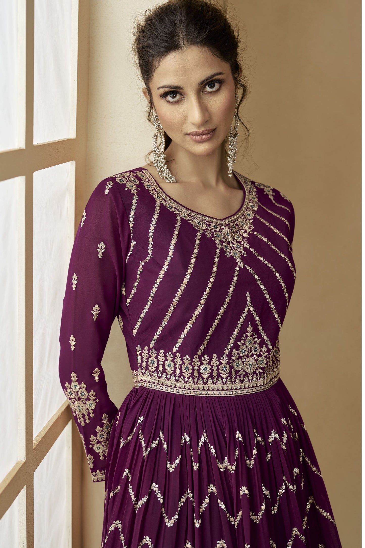 Maroon Pakistani Georgette Salwar Kameez For Indian Festivals & Weddings - Thread Embroidery Work