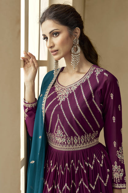 Maroon Pakistani Georgette Salwar Kameez For Indian Festivals & Weddings - Thread Embroidery Work