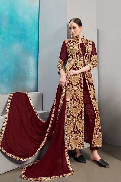 Maroon Pakistani Georgette Salwar Kameez For Indian Festivals & Weddings - Thread Embroidery Work,