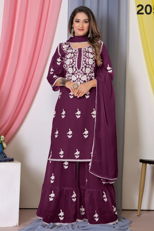 Maroon Georgette Salwar Kameez For Indian Festivals & Weddings - Thread Embroidery Work