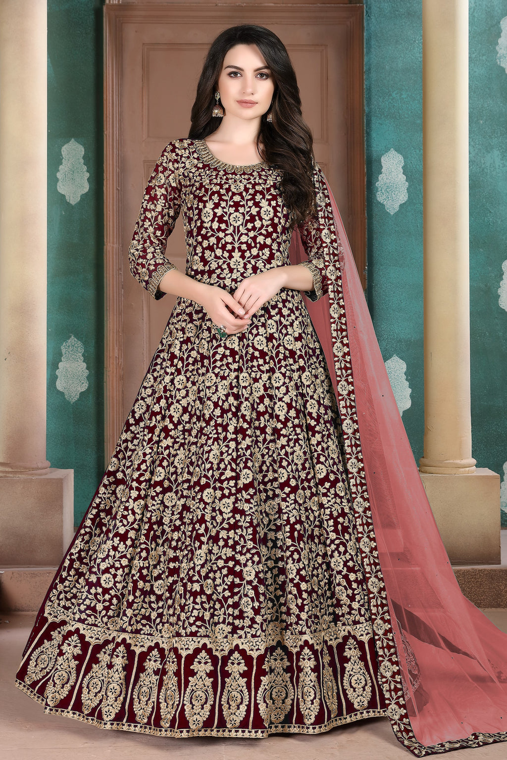 Maroon Georgette Thread Work Anarkali Dresses for an Indian Wedding Guest