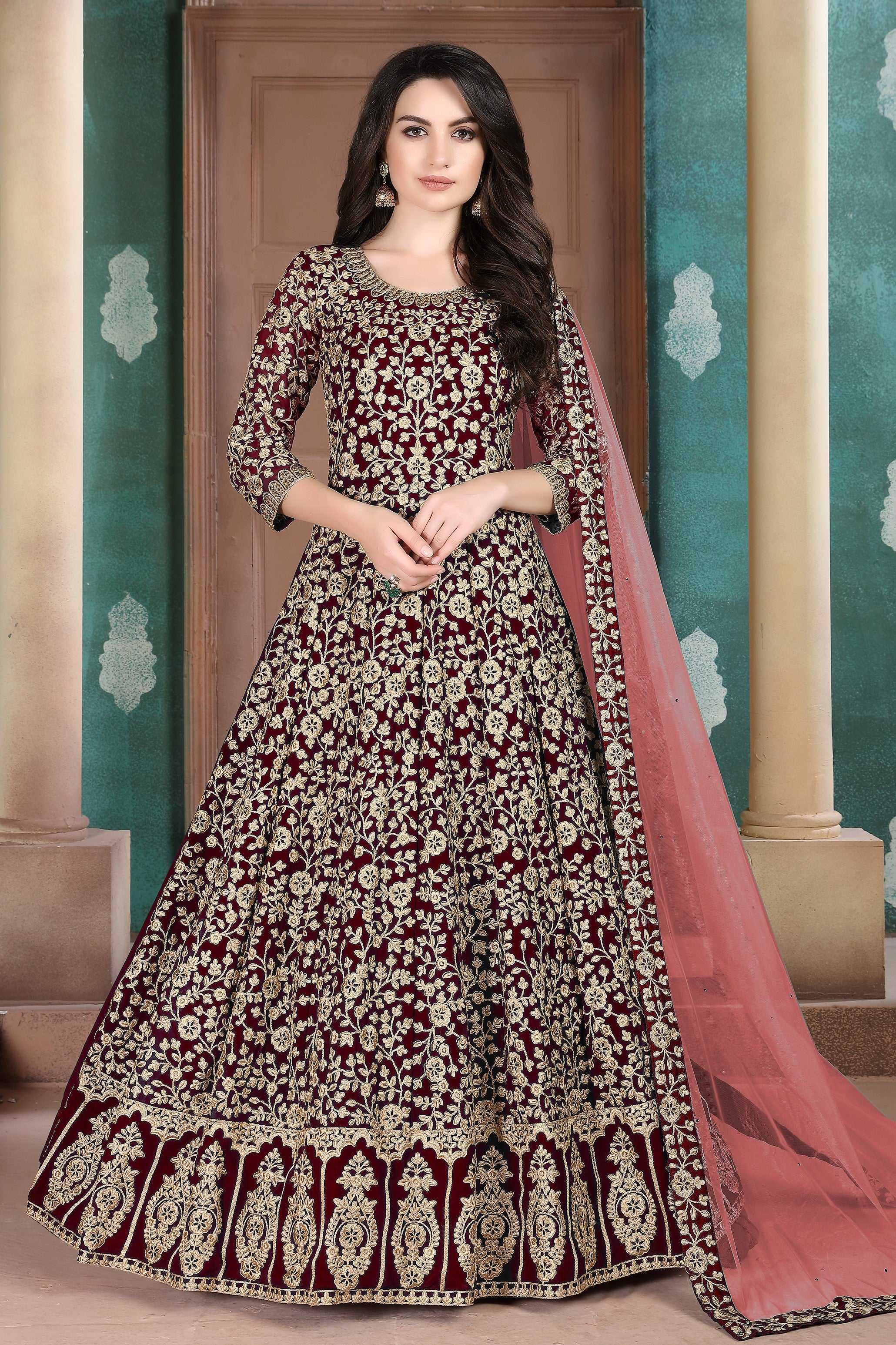 Maroon Georgette Thread Work Anarkali Dresses for an Indian Wedding Guest