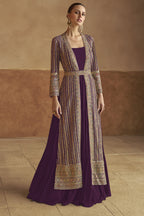 Dark Purple Georgette Gown with Jacket & Belt For Indian Festivals & Weddings - Embroidery Work