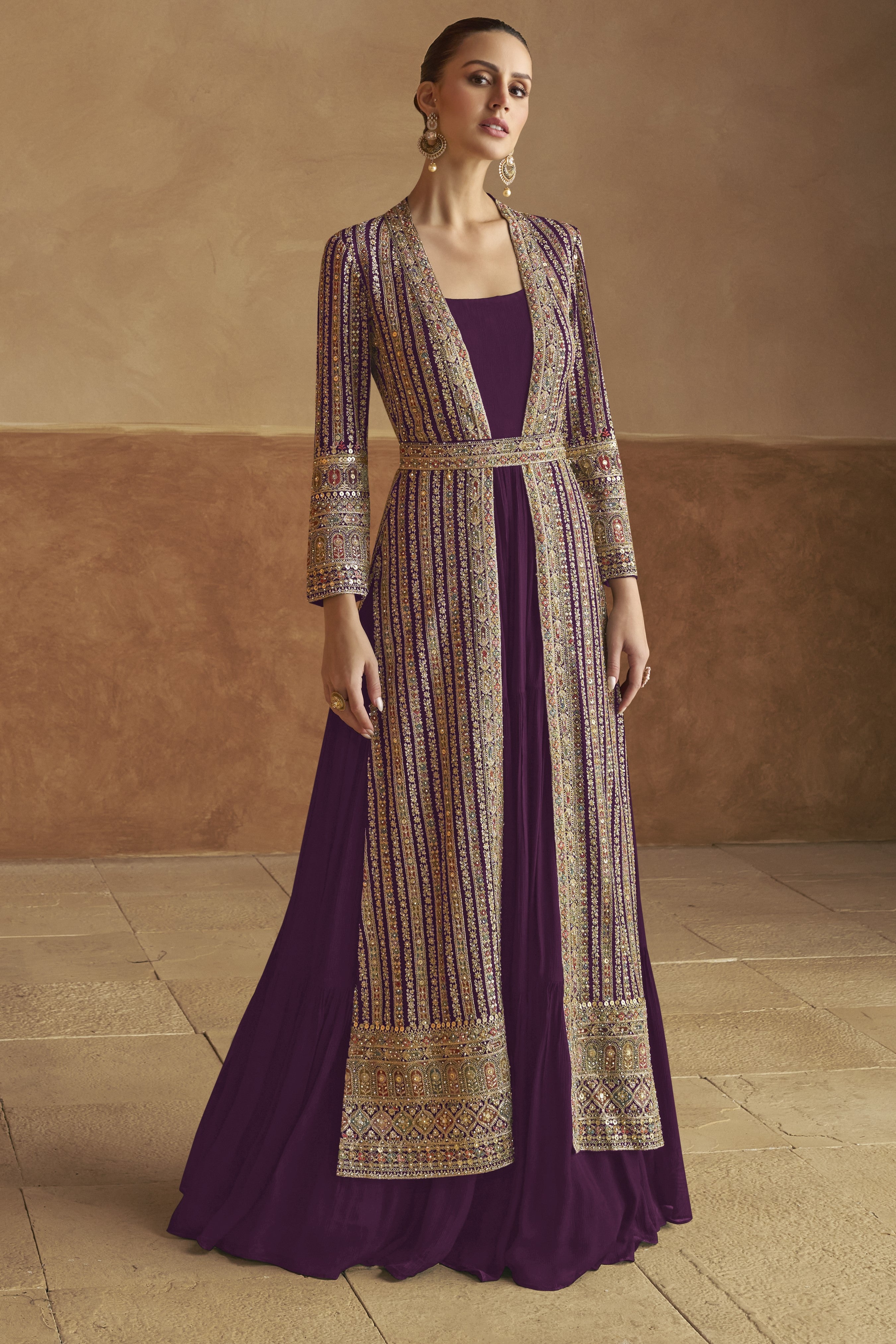 Dark Purple Georgette Gown with Jacket & Belt For Indian Festivals & Weddings - Embroidery Work