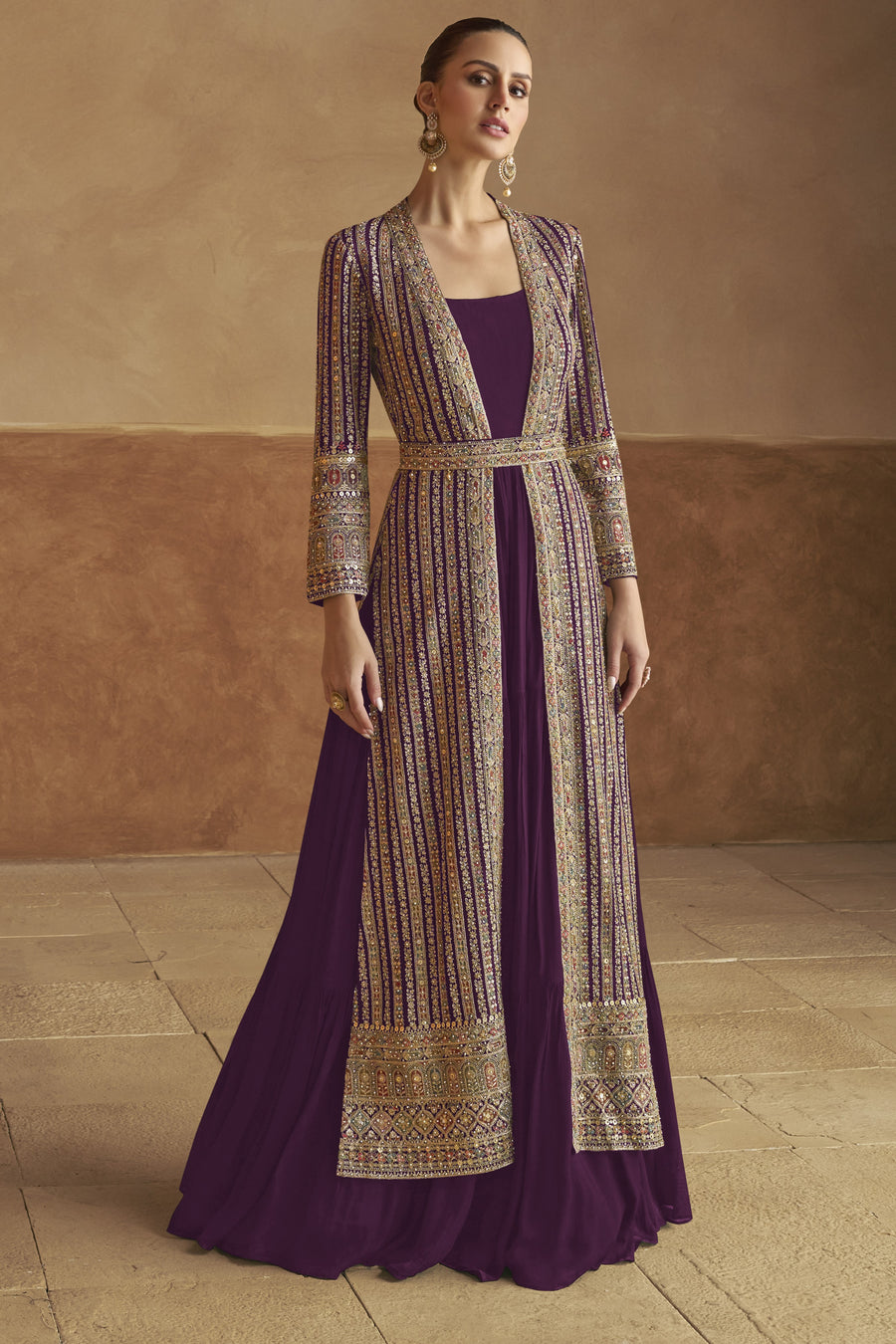 Dark Purple Georgette Gown with Jacket & Belt For Indian Festivals & Weddings - Embroidery Work