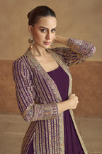 Dark Purple Georgette Gown with Jacket & Belt For Indian Festivals & Weddings - Embroidery Work