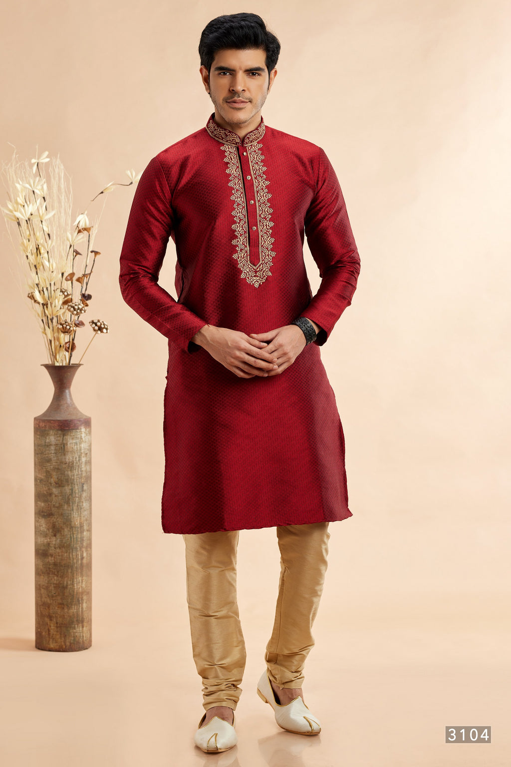 Maroon Jacquard Art Silk Plain Kurta Pajama for Men for Festival & Wedding - Embroidery Work