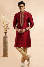 Maroon Jacquard Art Silk Plain Kurta Pajama for Men for Festival & Wedding - Embroidery Work