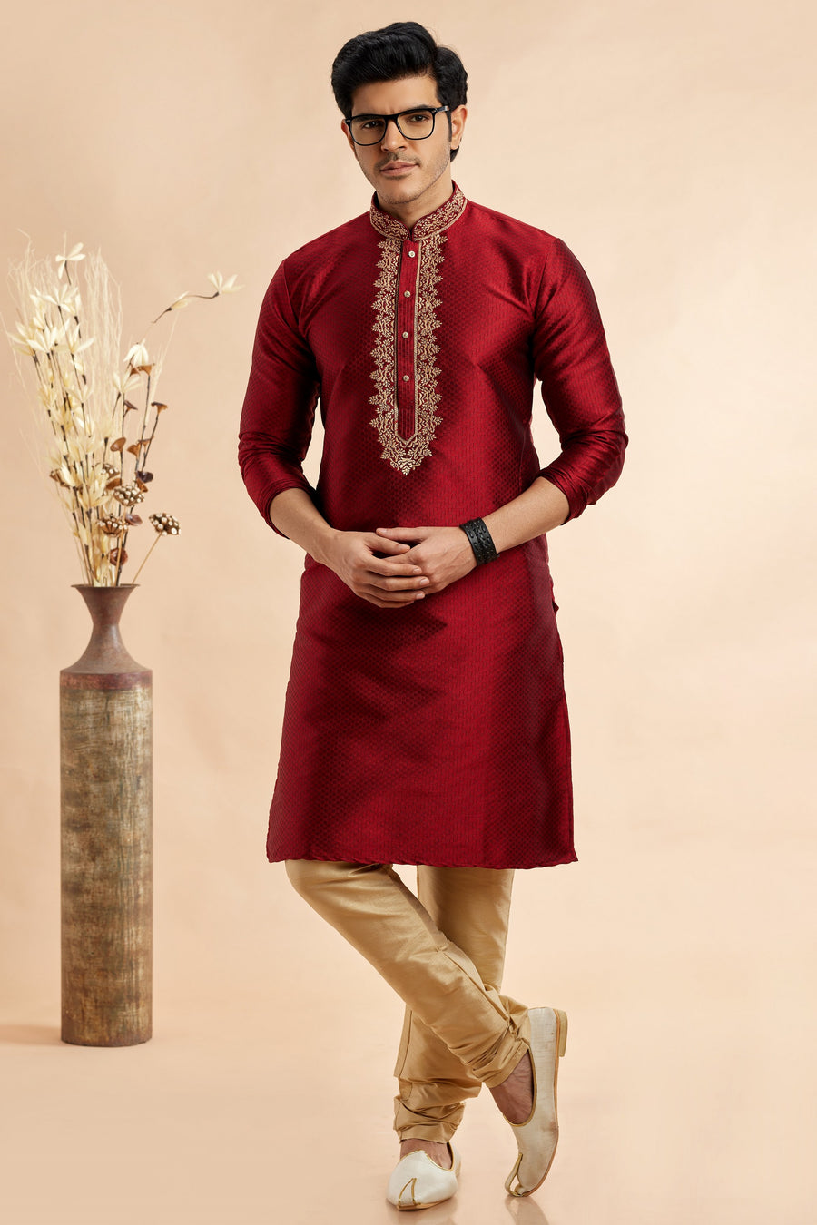 Maroon Jacquard Art Silk Plain Kurta Pajama for Men for Festival & Wedding - Embroidery Work