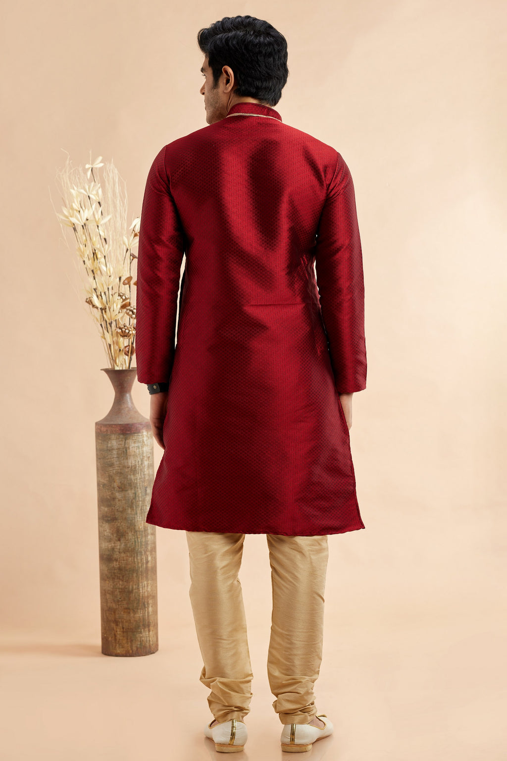 Maroon Jacquard Art Silk Plain Kurta Pajama for Men for Festival & Wedding - Embroidery Work