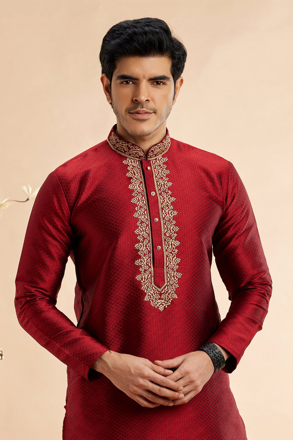 Maroon Jacquard Art Silk Plain Kurta Pajama for Men for Festival & Wedding - Embroidery Work