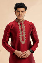 Maroon Jacquard Art Silk Plain Kurta Pajama for Men for Festival & Wedding - Embroidery Work