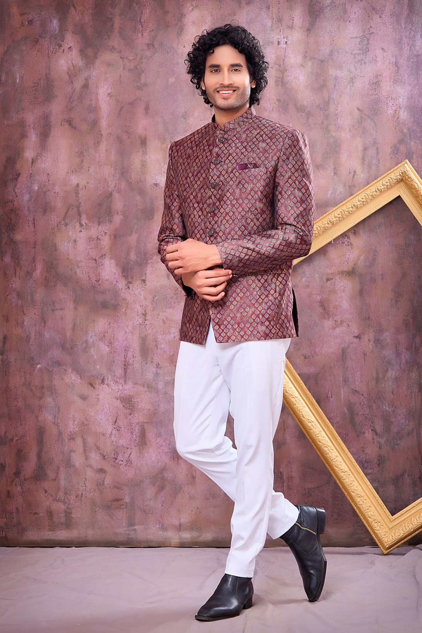 Maroon Jacquard Jodhpuri and Pant Mens Indian Wedding Attire with Weave Work