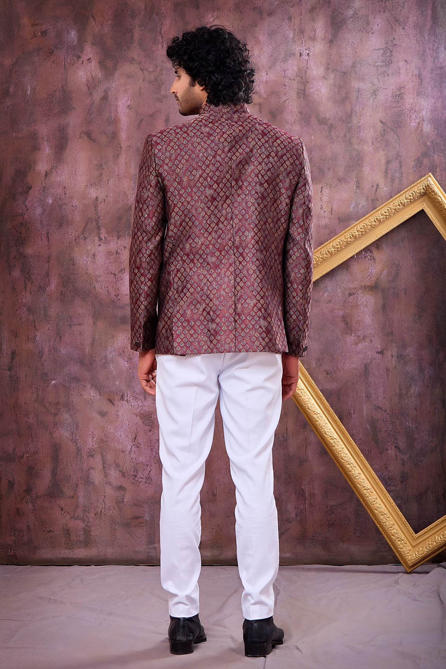 Maroon Jacquard Jodhpuri and Pant Mens Indian Wedding Attire with Weave Work