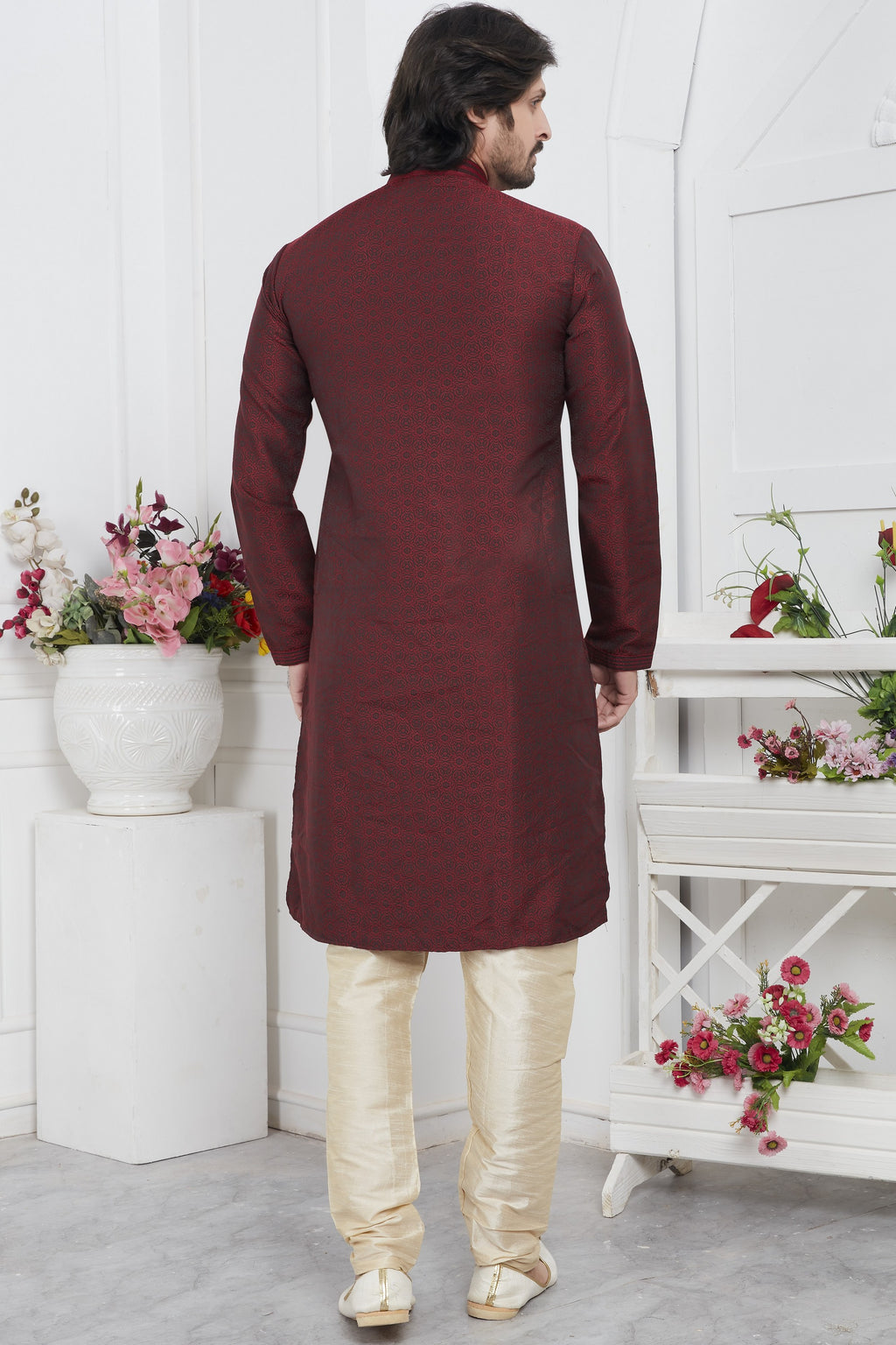Maroon Jacquard Silk Plain Straight Kurta Pajama for Men for Wedding & Festival