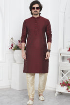 Maroon Jacquard Silk Plain Straight Kurta Pajama for Men for Wedding & Festival