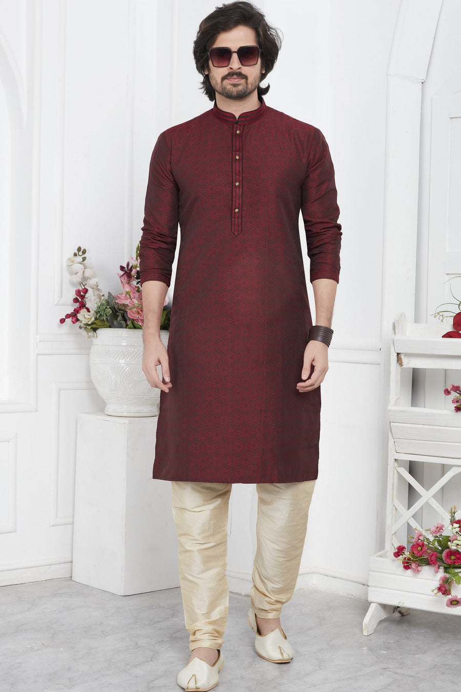 Maroon Jacquard Silk Plain Straight Kurta Pajama for Men for Wedding & Festival