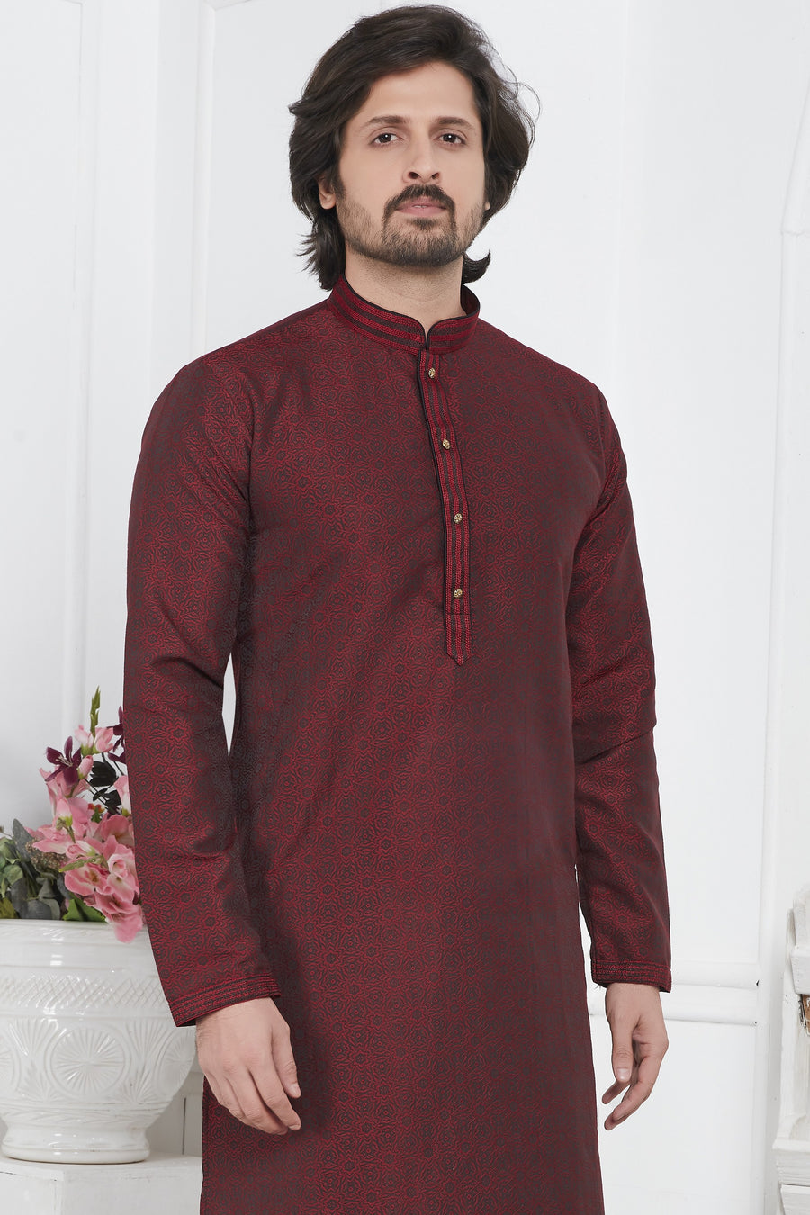 Maroon Jacquard Silk Plain Straight Kurta Pajama for Men for Wedding & Festival