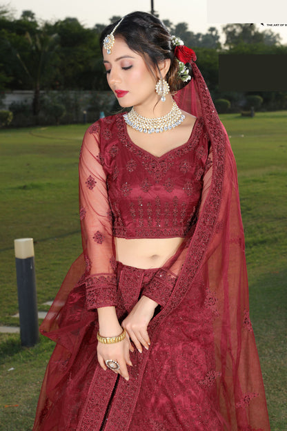 Maroon Pakistani Net Lehenga Choli For Indian Festivals & Weddings - Thread Embroidery Work,