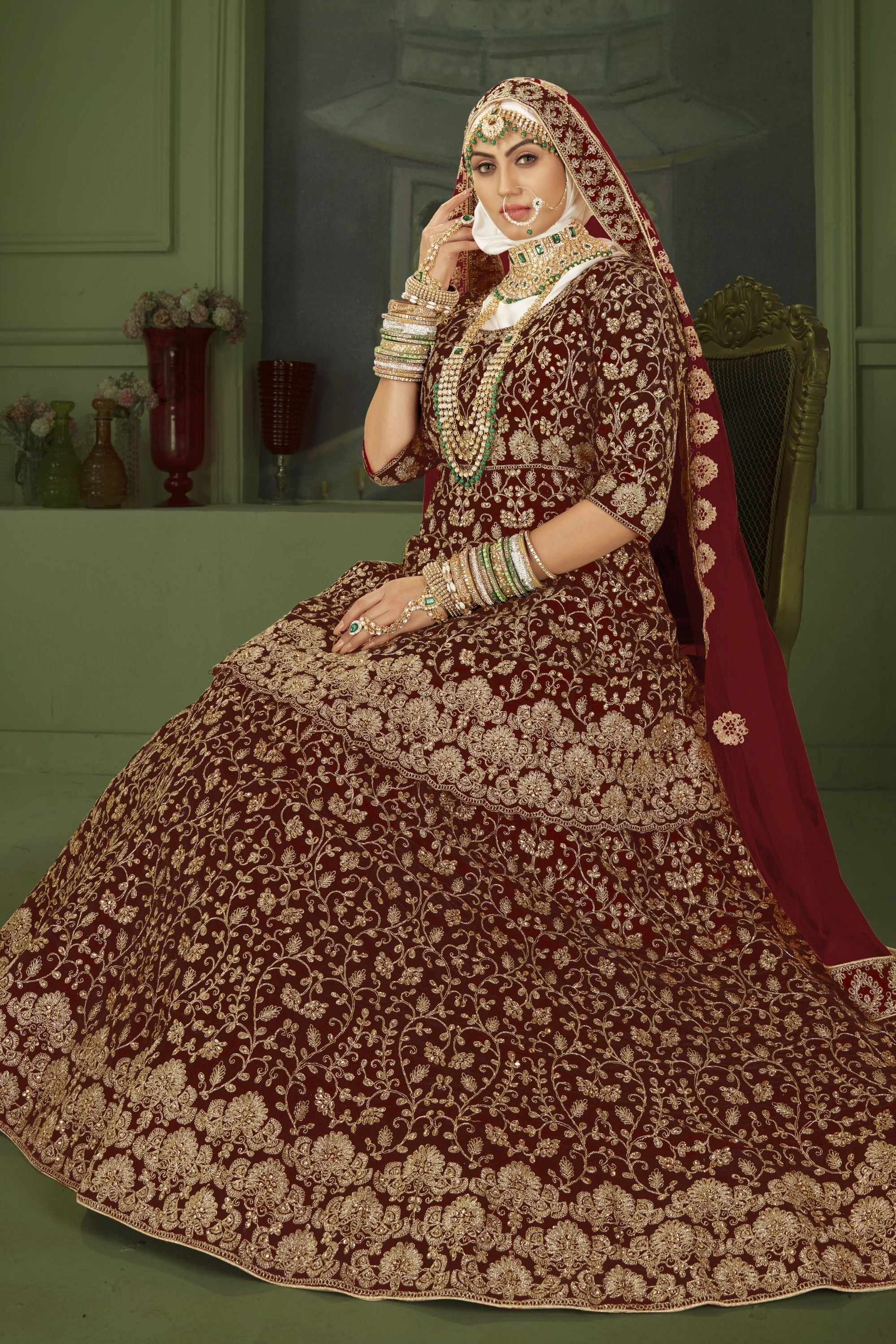 Cream and Maroon Velvet Dori Lehenga Choli Online Shopping USA - Bridal Lehenga  Choli