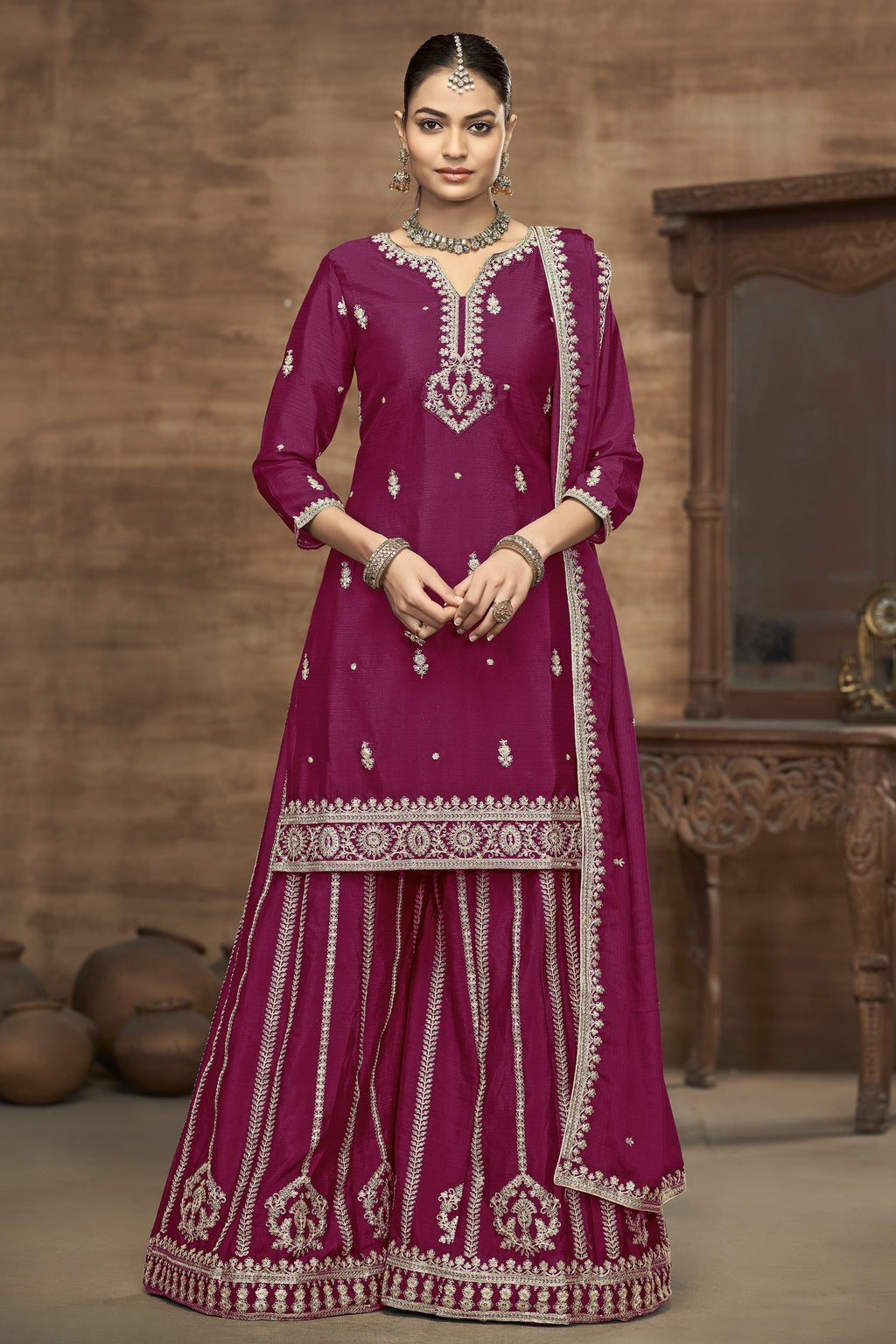 Maroon Chinon Silk Palazzo Suit For Indian Wedding & Pakistani Festival - Embroidery Work