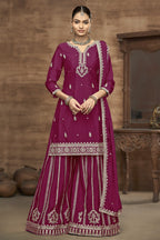 Maroon Chinon Silk Palazzo Suit For Indian Wedding & Pakistani Festival - Embroidery Work