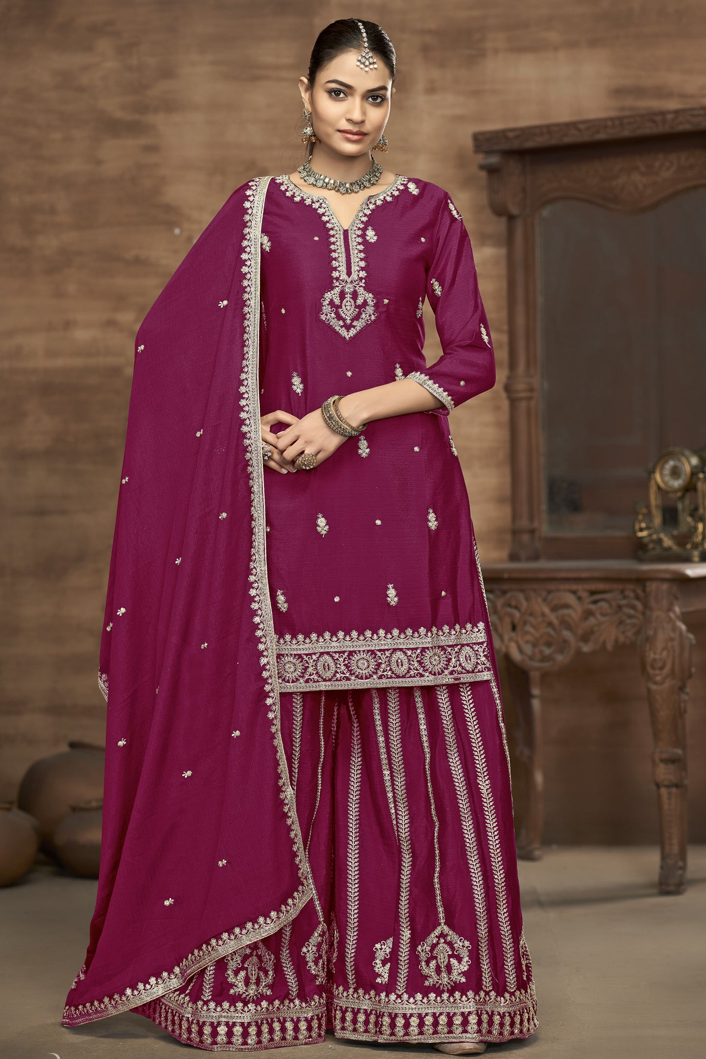 Maroon Chinon Silk Palazzo Suit For Indian Wedding & Pakistani Festival - Embroidery Work