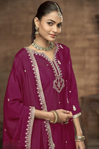 Maroon Chinon Silk Palazzo Suit For Indian Wedding & Pakistani Festival - Embroidery Work