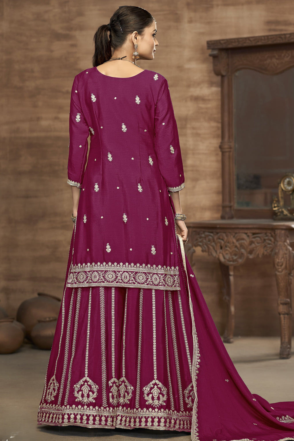 Maroon Chinon Silk Palazzo Suit For Indian Wedding & Pakistani Festival - Embroidery Work