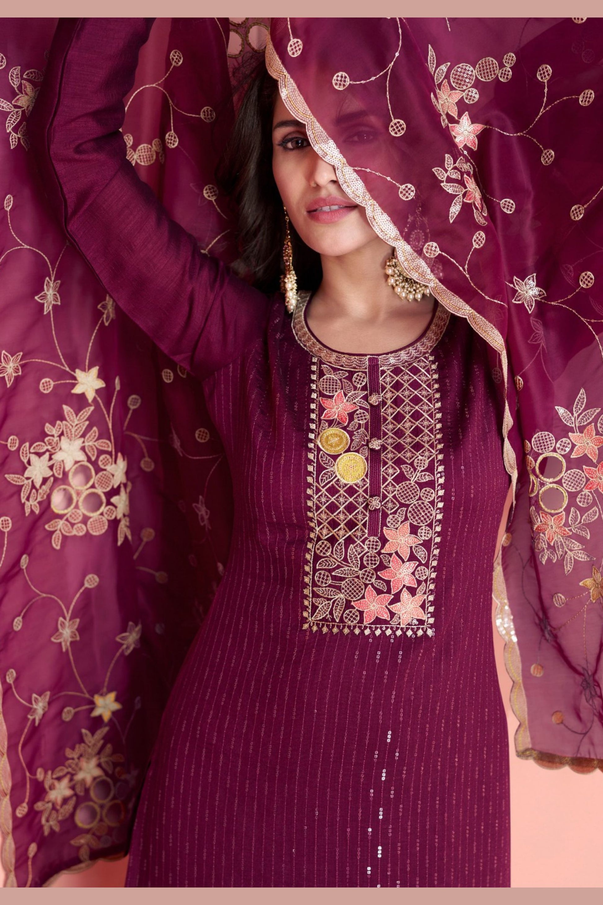 Maroon Silk Salwar Kameez Suit For Indian Festivals & Pakistani Weddings - Thread Embroidery Work