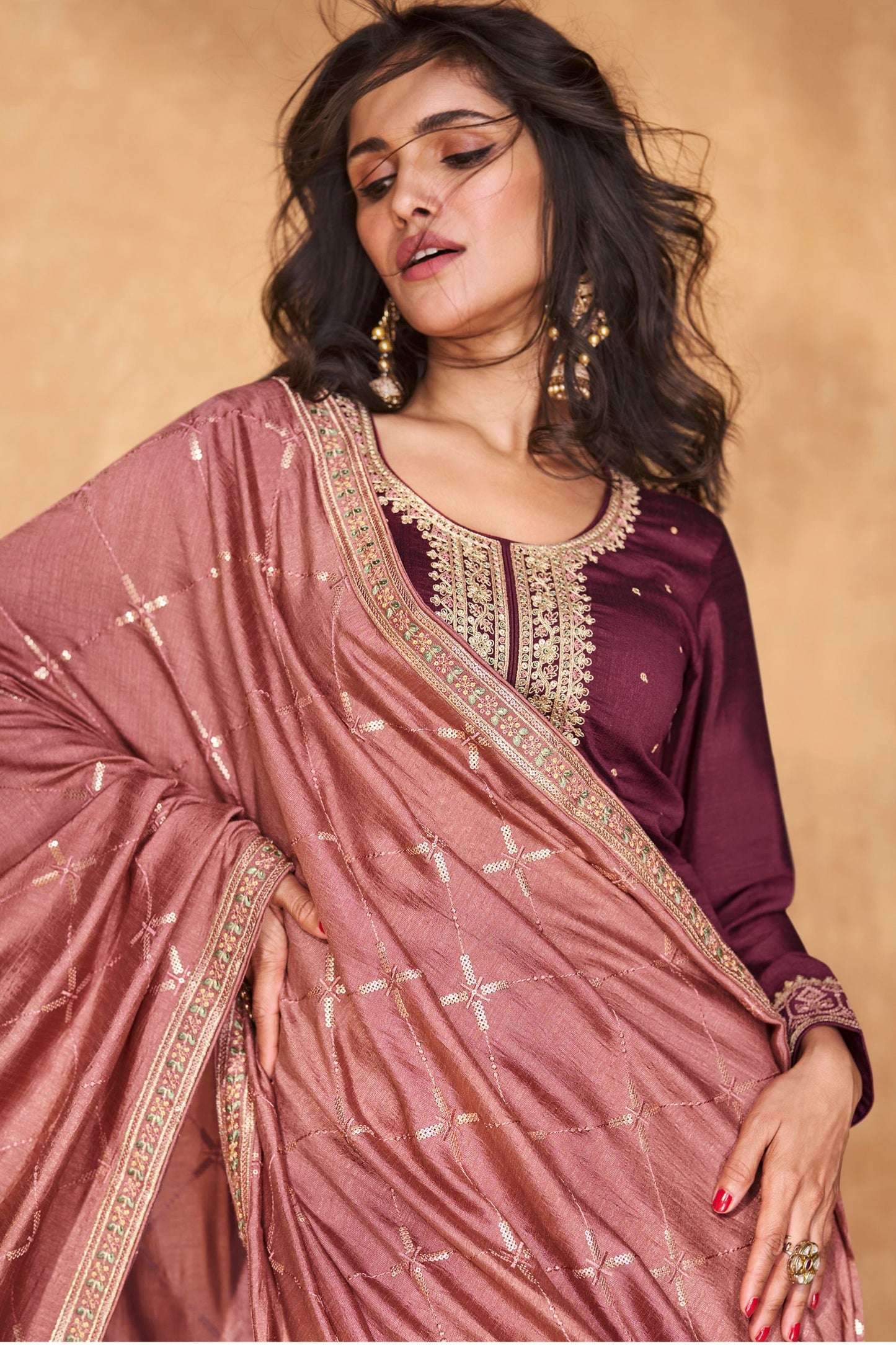 Maroon Silk Salwar Kameez with Pant For Indian Festivals & Weddings - Thread Embroidery Work